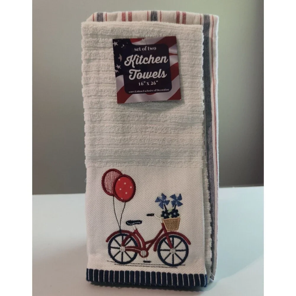 Patriotic Kitchen Towels Set Of Two 100% Cotton Embroidered Bicycle And Balloons